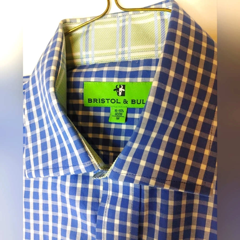 Bristol & Bull Dress Shirt Men's Med Blue Plaid Business Flip Cuff Green‎ D4